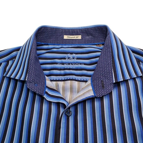 Bugatchi Uomo Mens XL Blue Black Striped Shaped Fit Long Sleeve Button-Up Shirt - Picture 6 of 10